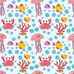 Cute seamless pattern with sea animals. Undersea world EPS