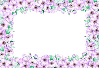 Obraz na płótnie Canvas Handdrawn anemone frame. Watercolor wind flower on the white background. Scrapbook design elements. Typography poster, wedding card, label, banner design set.