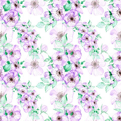 Handdrawn anemone seamless pattern. Watercolor purple flowers with green leaves on the white background. Scrapbook design, typography poster, label, banner, textile.