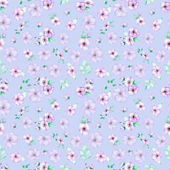 Handdrawn anemone seamless pattern. Watercolor purple flowers with green leaves on the blue background. Scrapbook design, typography poster, label, banner, textile.