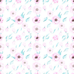 Handdrawn anemone seamless pattern. Watercolor pink flowers with green leaves on the white background. Scrapbook design, typography poster, label, banner, textile.