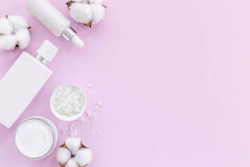 Blank empty white cosmetic tube and bottle, flatlay