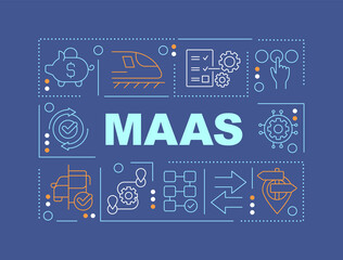 MaaS word concepts dark blue banner. Digital transport system Infographics with editable icons on color background. Isolated typography. Vector illustration with text. Arial-Black font used