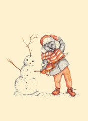 Hand drawn snowman and cartoon dog on a walk. Winter fun. Friendship of characters. Bright graphic illustration in mixed media. Children's drawing for your design