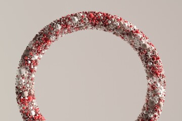 Abstract ring torus of glossy glass and plastic spheres, red color 3D render