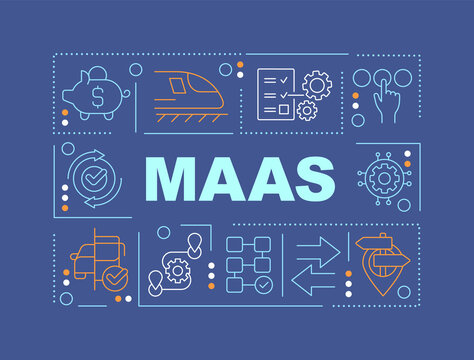 MaaS word concepts dark blue banner. Digital transport system Infographics with editable icons on color background. Isolated typography. Vector illustration with text. Arial-Black font used