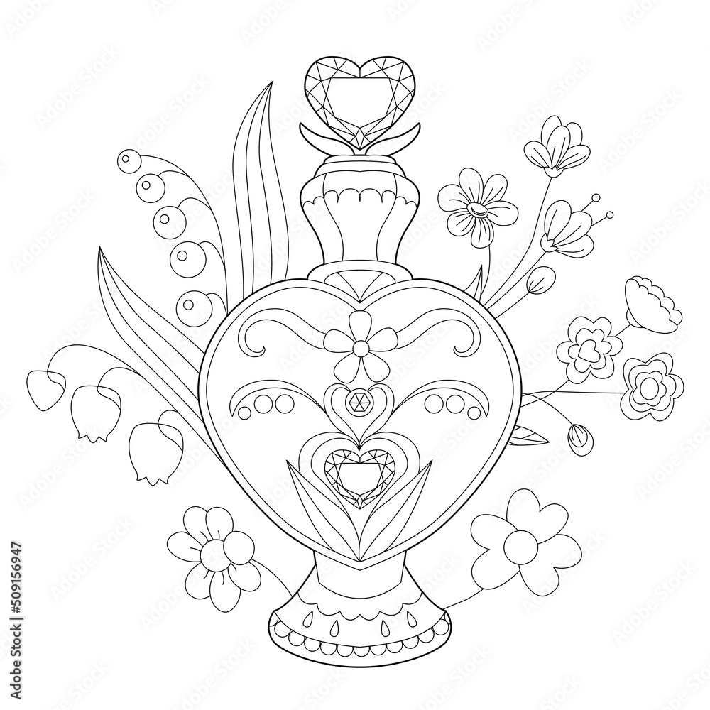 Wall mural Beautiful bottle of perfume with flowers. Monochrome object, coloring page, isolated on white background. Coloring book style for children and adults