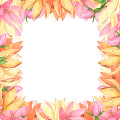 Handdrawn lily frame. Watercolor lily boarder on the white background. Scrapbook design elements. Typography poster, wedding card, label, banner design set.