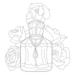 Beautiful bottle of perfume with flowers. Monochrome object, coloring page, isolated on white background. Coloring book style for children and adults