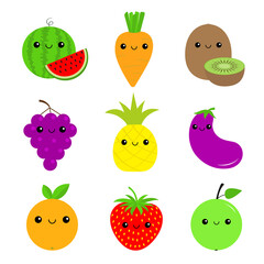 Fruit vegetable berry food icon set. Carrot, watermelon, eggplant, pineapple, strawberry, apple, grape, kiwi, orange. Cute face eyes. Cartoon kawaii baby character. Flat design. White background.