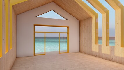 Architecture background empty interior with wooden wall decoration and windows 3d render