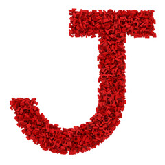 Letter J made of small red letters J, isolated on white, physical simulation, 3d rendering