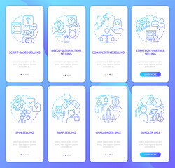 Selling strategies blue gradient onboarding mobile app screen set. Walkthrough 4 steps graphic instructions with linear concepts. UI, UX, GUI template. Myriad Pro-Bold, Regular fonts used
