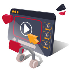 Video player. Online video. 3D model of a computer screen with a video player, and headphones. Watching videos online. Vector graphics on a white background