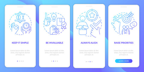 Naklejka premium Components of communication blue gradient onboarding mobile app screen. Selling walkthrough 4 steps graphic instructions with linear concepts. UI, UX, GUI template. Myriad Pro-Bold, Regular fonts used