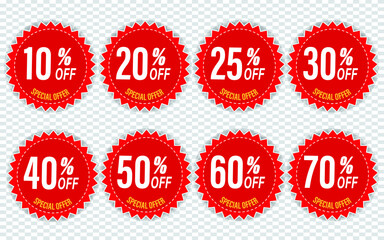 Discount stickers set for shop, retail, promotion. 10, 20, 25, 30, 40, 50, 60, 70 percentage off