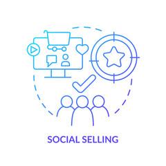 Social selling blue gradient concept icon. Sales trend abstract idea thin line illustration. Target customers on social media platforms. Isolated outline drawing. Myriad Pro-Bold font used