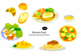 洋食のイラストセット　水彩テクスチャ　フリーハンド