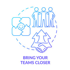 Bring teams closer blue gradient concept icon. Diverse sales development team abstract idea thin line illustration. Teambuilding plan. Isolated outline drawing. Myriad Pro-Bold font used