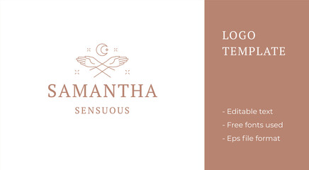 Female linear hands holding magic moon crescent logo template vector illustration