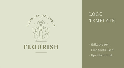 Outline emblem of female hands with flowers against shield line style