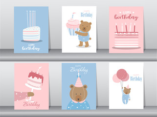 Set of birthday cards,poster,invitation,template,greeting cards,animals,cute,Vector illustrations.