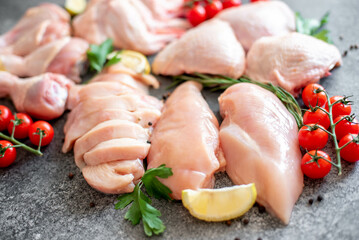 Set of raw chicken fillet, thigh, wings, strips and legs on a stone background of a culinary table with spices