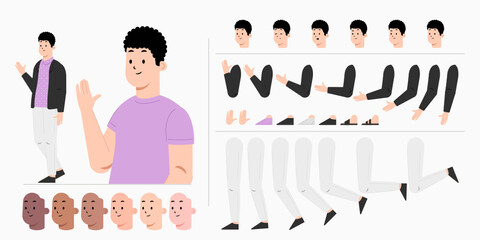Young man character creation kit design for animation. City casual cartoon male flat vector design.