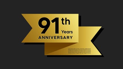91 years anniversary logo with golden ribbon for booklet, leaflet, magazine, brochure poster, banner, web, invitation or greeting card. Vector illustrations.