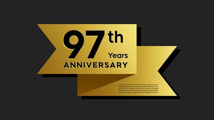 97 years anniversary logo with golden ribbon for booklet, leaflet, magazine, brochure poster, banner, web, invitation or greeting card. Vector illustrations.