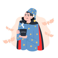 Vampire in pajamas drinking coffee