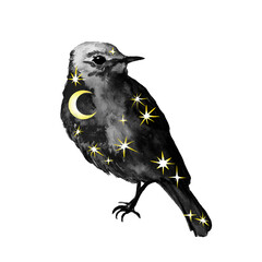 Mystic night bird with space sky, stars, moon. Watercolor design for universe tattoo, fantasy card - 509161139