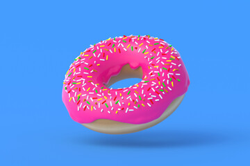 Flying donut on blue background. Homemade bakery. Break time. Sweet dessert. Fast food. 3d render