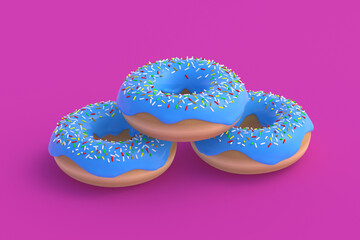 Stack of donuts on purple background. Homemade bakery. Break time. Sweet dessert. Fast food. 3d render