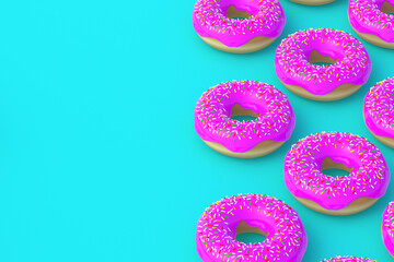 Icing donuts on blue background. Homemade bakery. Break time. Sweet dessert. Fast food. Copy space. 3d render