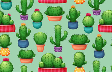 cactus pattern. Cartoon cactus with flowers backdrop. Cute exotic succulent background. Cartoon succulents in pot. Cactus seamless background. Mexican plant, desert flowers print, fabric, textile.