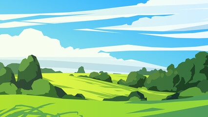 Rolling hills landscape with trees, bushes and cloudy sky. Vector illustration