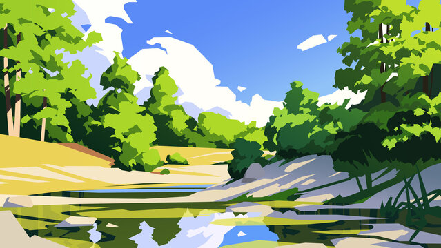 River landscape with reflection of trees and the sky in the water. Vector illustration