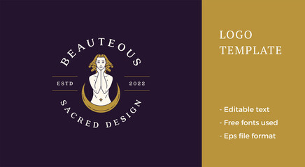 Mythic naked woman body with half moon magic skin spa body care mindfulness golden logo vector