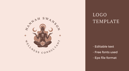 Beige nude spiritual woman all seeing eye practicing yoga in lotus position logo vector - obrazy, fototapety, plakaty