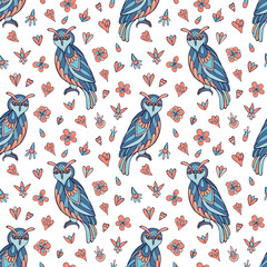Obraz premium Seamless vector pattern of owls and flowers. Suitable for packaging, fabrics, wallpapers and simple colorings.