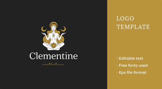 Esoteric yoga woman in lotus position meditation mindfulness spiritual logo golden design vector