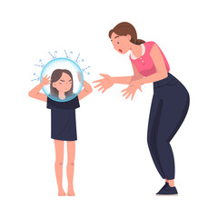 Woman Mother Talking to Her Daughter with Glass Bulb on Head as Problematic Communication and Misunderstanding Between Parent and Child Vector Illustration