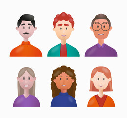 Set of various people avatars illustration. 3d men curly-haired women
