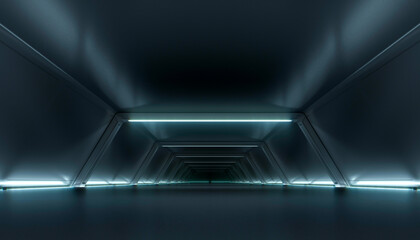 Abstract Futuristic dark corridor interior design. Future tunnel with light background. Spaceship sci-fi concept.3D rendering.