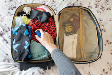Packing suitcase for European trip with passport, Euro's and clothing
