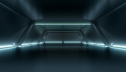 Abstract Futuristic dark corridor interior design. Future tunnel with light background. Spaceship sci-fi concept.3D rendering.