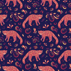 Colorful vector seamless pattern of red panda. Decoration print for wrapping, wallpaper, fabric, textile.