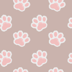 Cat paws pattern for textile fabrics. Seamless pattern vector illustration. Childish cute background, paw texture. Furry kitten paws set. Furry paw pet animal Kitten cartoon flat icon in doodle style.