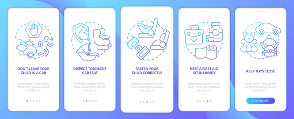 Naklejka premium Road trip with toddlers tips blue gradient onboarding mobile app screen. Walkthrough 5 steps graphic instructions with linear concepts. UI, UX, GUI template. Myriad Pro-Bold, Regular fonts used